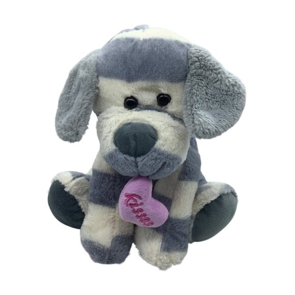 KellyToy Striped Gray & White Plush Dog Toy Holding Pink "Kisses" Heart 10.5” - Picture 1 of 9